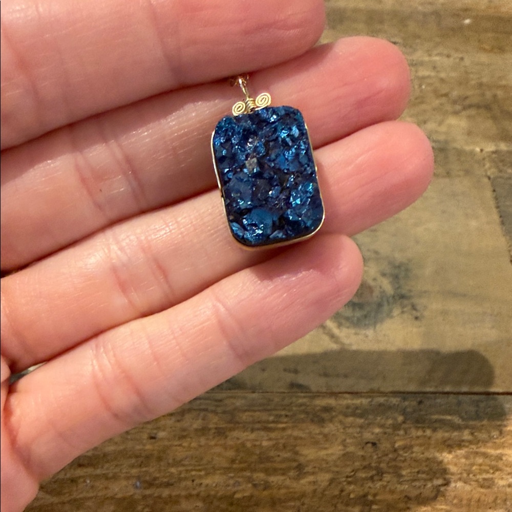 gold wire-wrapped blue druzy necklace